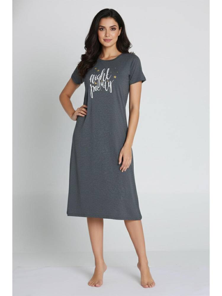 Zivame Knit Cotton Knee Length Nightdress - Anthra Melange-picture-38