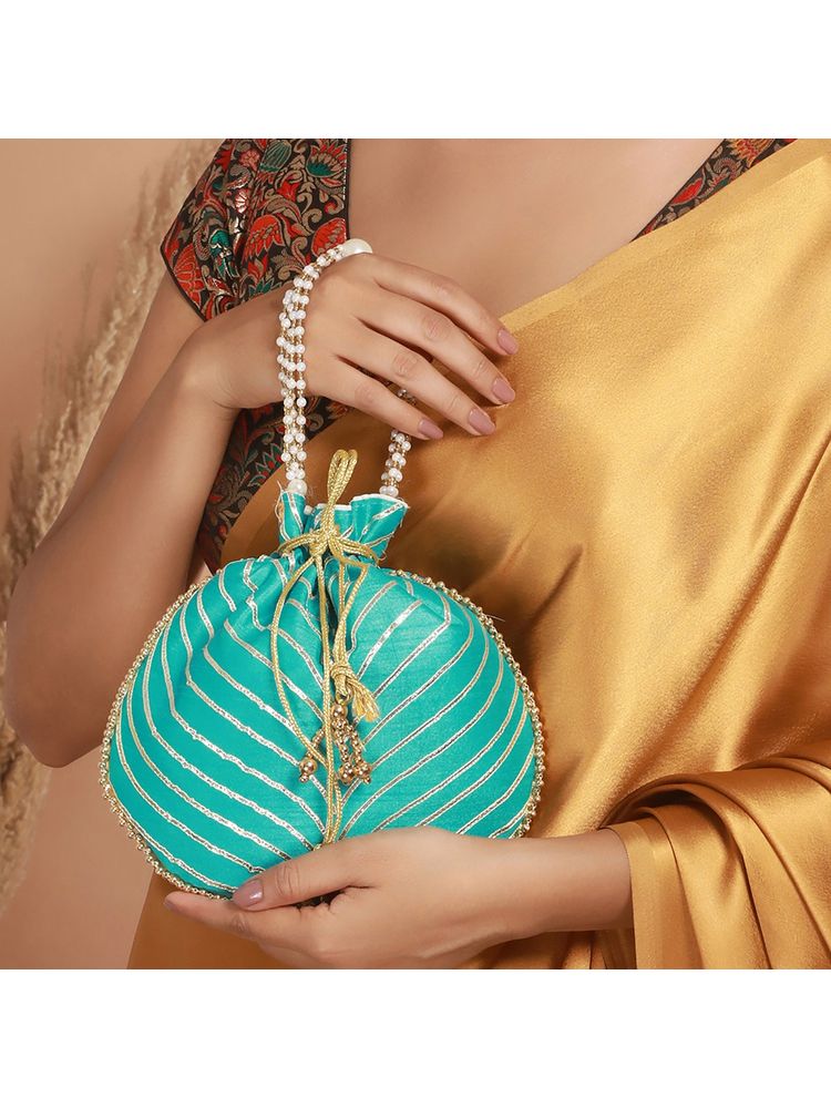Aatmana Sky Blue & Gold Embellished Potli Bag-image-19