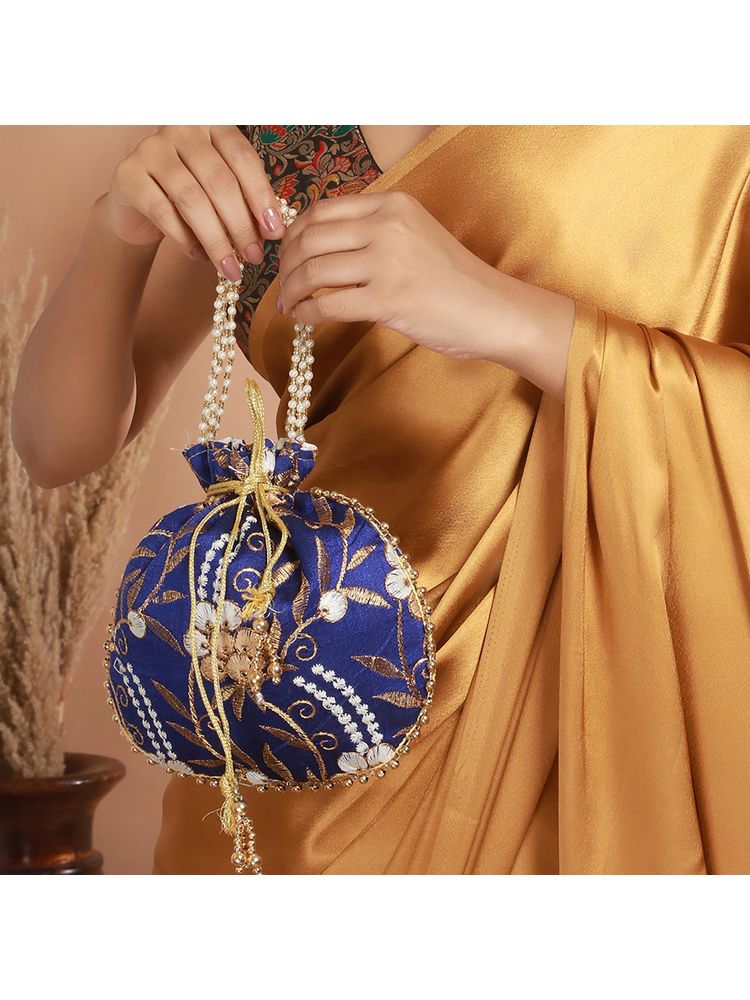 Aatmana Royal Blue & Gold Embroidered Embellished Potli Bag-image-6