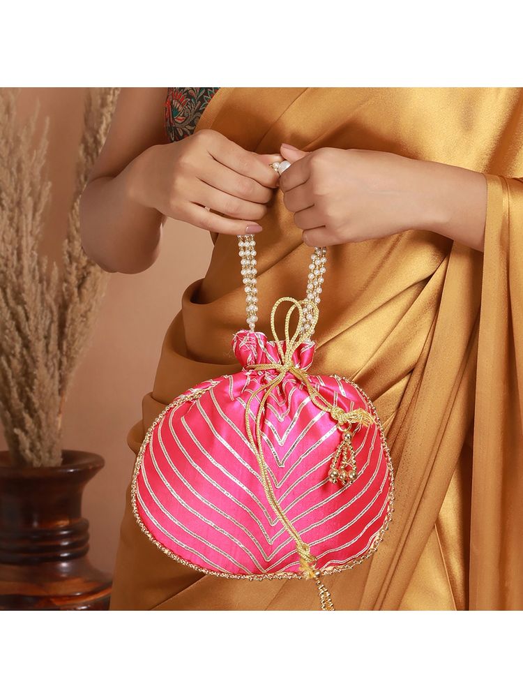 Aatmana Hot Pink & Gold Embellished Potli Bag-image-27