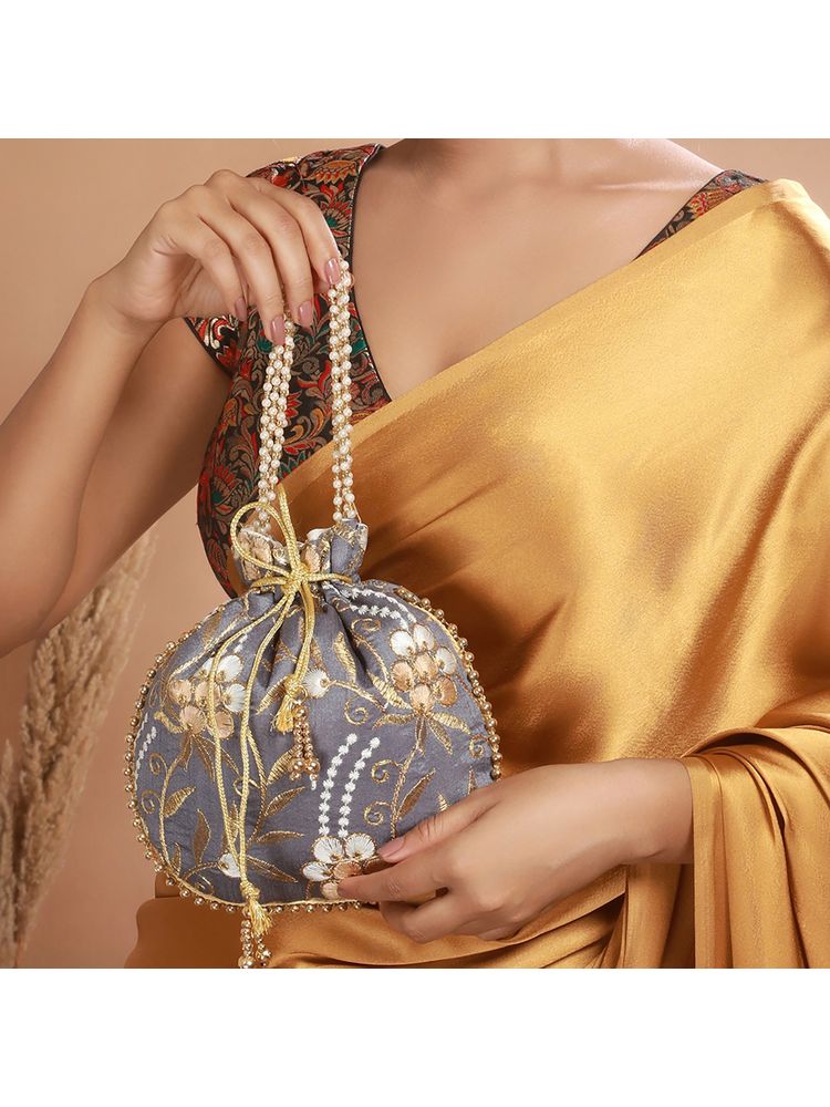 Aatmana Grey & Gold Embroidered Potli Bag-image-19