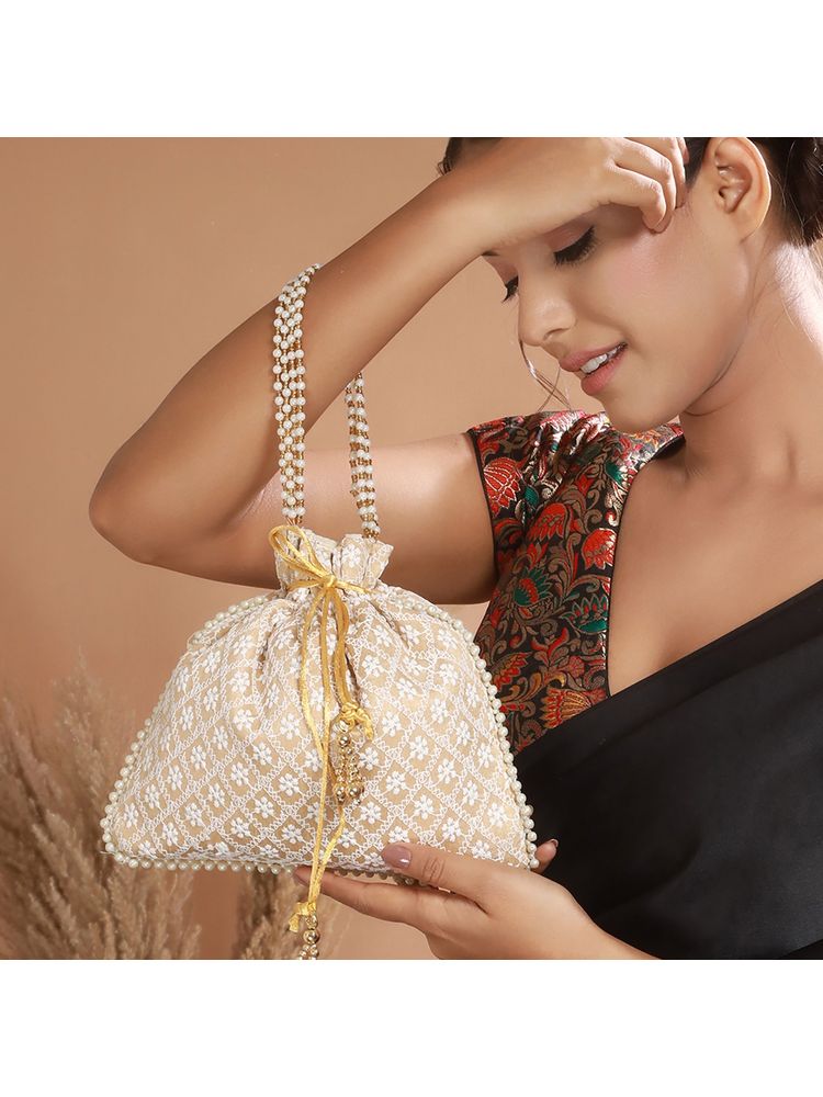 Aatmana Beige & Gold Toned Chikan Embroidered Work Potli Bag-image-35