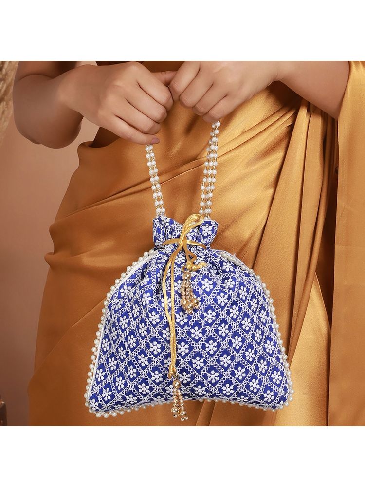 Aatmana Blue & Gold Toned Chikan Embroidered Work Potli Bag-image-25