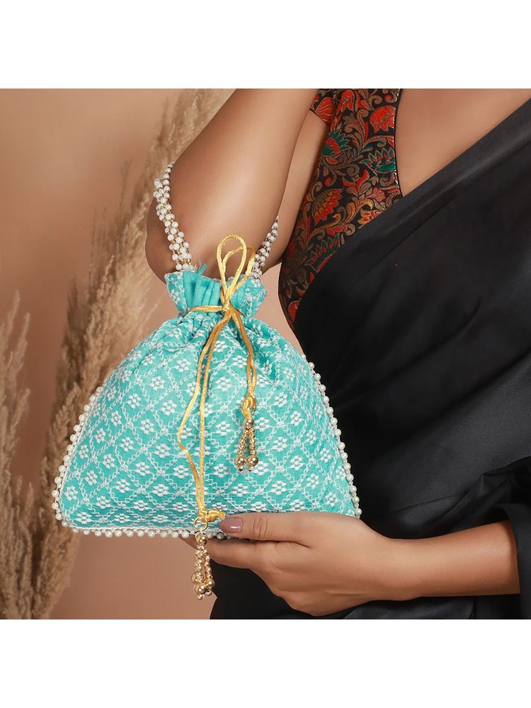 Aatmana Turquoise Blue & Gold Toned Chikan Embroidered Work Potli Bag-image-8