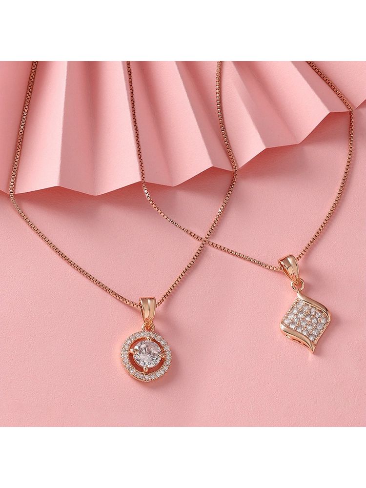 Zaveri Pearls Set of 2 Rose Gold Contemporary Cubic Zirconia Pendant Chain-ZPFK17537