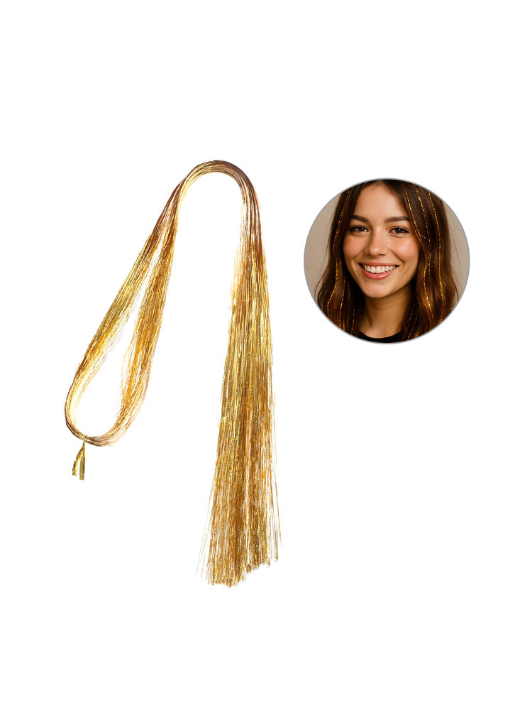 Matra Tinsel Hair Extensions Glitter Highlight Strands Sparkling Colored Fairy Hair Strips - Golden-picture-6