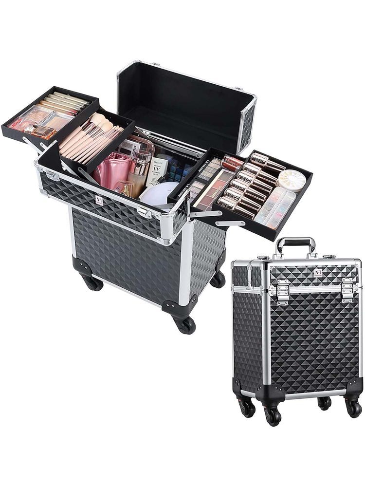NFI Essentials Aluminium Makeup Box with Keys Swivel Wheels Makeup Box Case Large