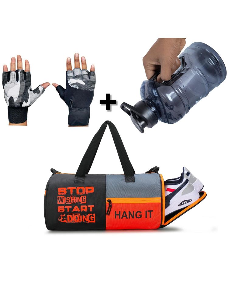 Body Smith Gym Essentials Combo Duffel Bag with Hand Gloves and Bottle - Orange (M)-image-34