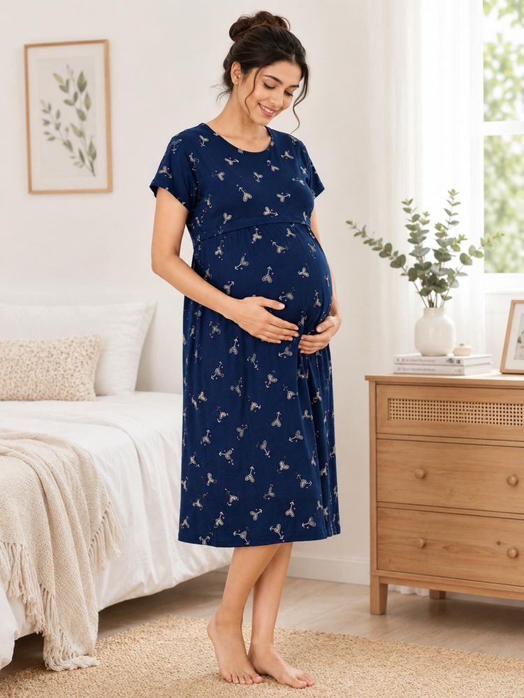 MomToBe Womens Cotton Navy Blue Feeding Nighty-picture-28