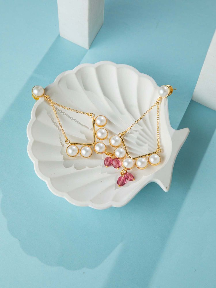 Niscka Matte Gold Plated Pearl and Red Stone Long Dangler Earrings-image-21