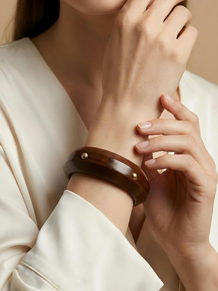 ADIVA Handcrafted Brown Wooden Kada with Minimal Gold Stud and Smooth Polished Finish-image-12
