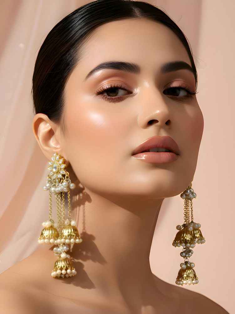 ADIVA White 22K Gold-Plated Kundan Studded Floral Long Chain Kashmiri Dangler Earrings-image-49