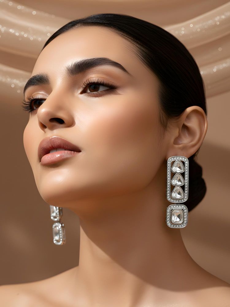 ADIVA Silver-Plated Premium Crystal Stone Studded Rectangular Designer Drop Earrings-image-19