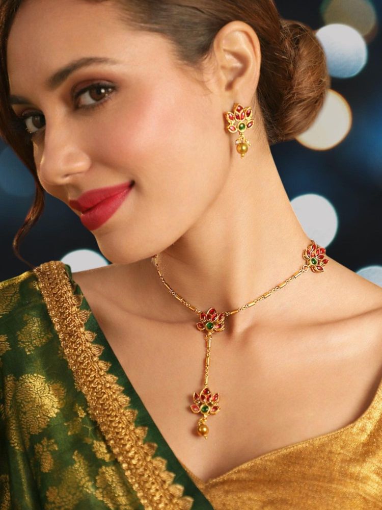 accessher OOMPH Ruby and Green Kemp Stone Indo-Western Long Chain Jewllery Set - For Women and Girls-picture-11