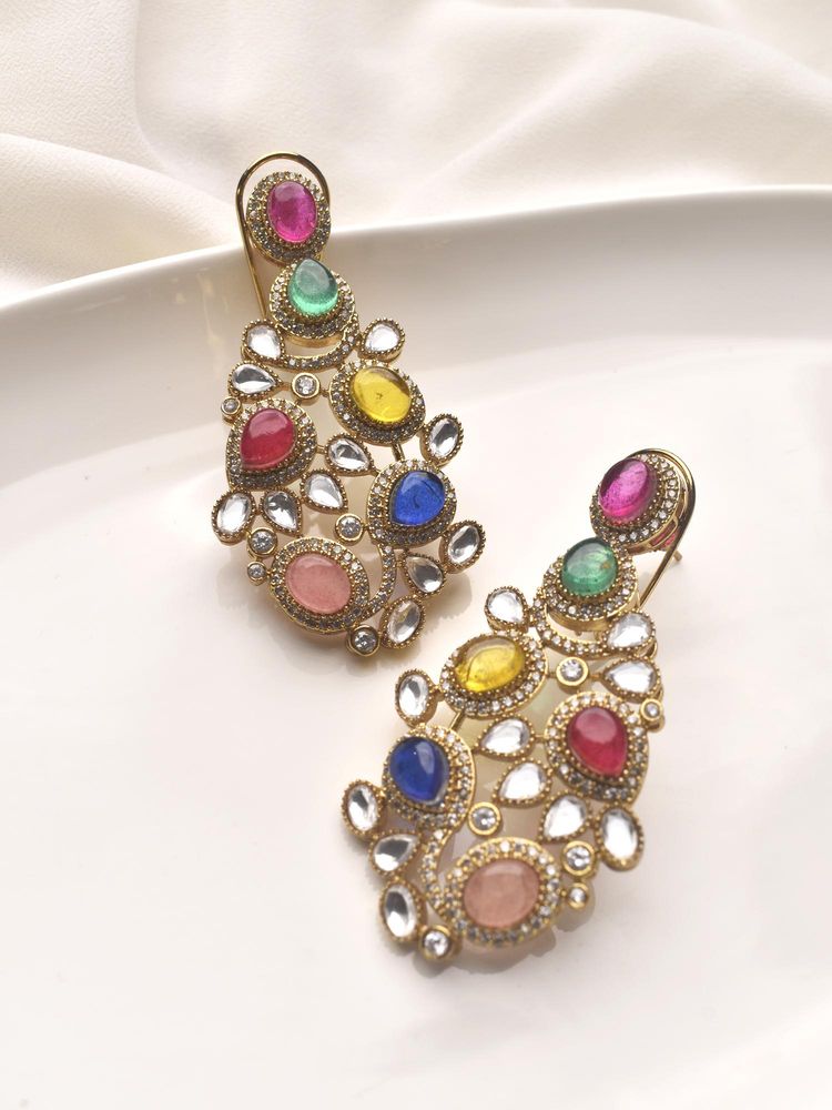 Peach Tassels Multi Colour Stone Kundan Earrings-image-21