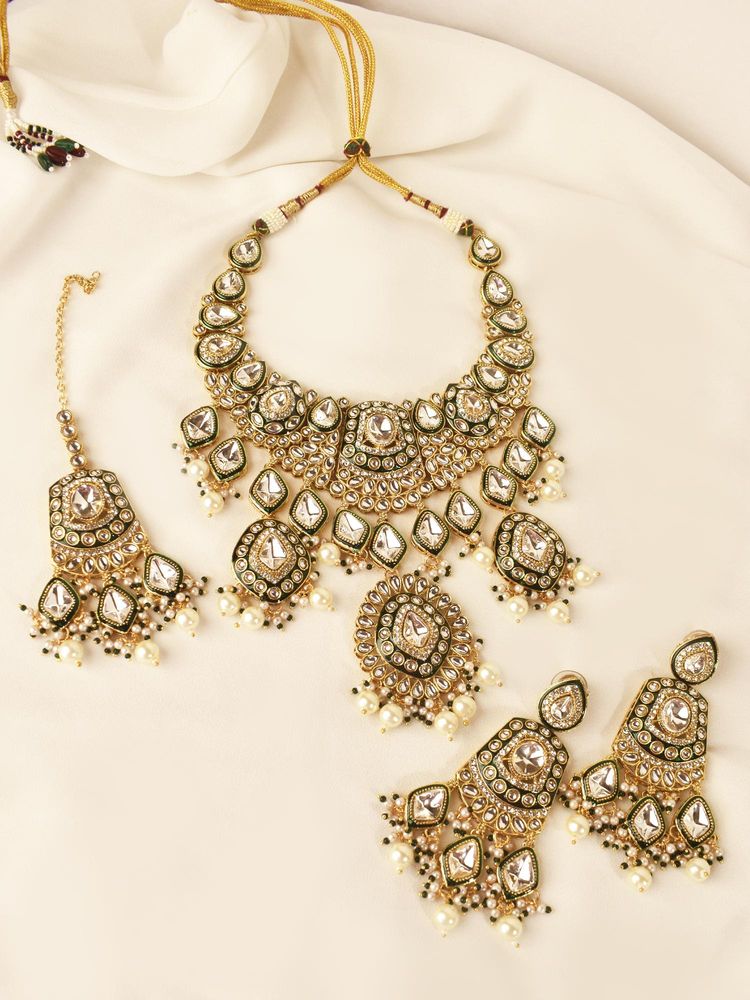 Peach Tassels Bridal Heavy Kundan Necklace Set-image-43