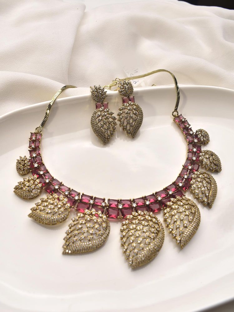 Peach Tassels AD Red Stone Jewllery Set-image-33