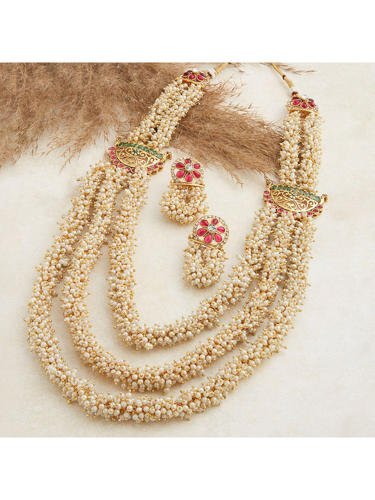 Zaveri Pearls Pink & Green Multi Layers Cluster Pearls Long Necklace & Earring Set (Set of 2)-image-14