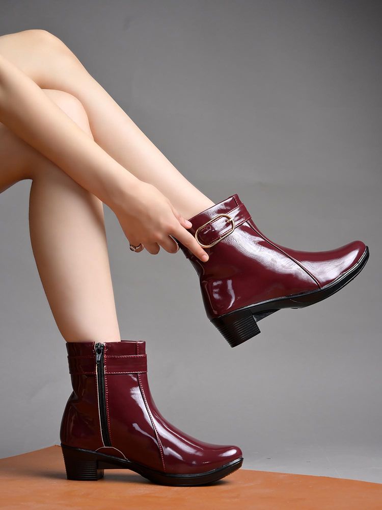 Shoetopia Patent Leather Ankle - Cherry Maroon Casual Boots For Women-image-5