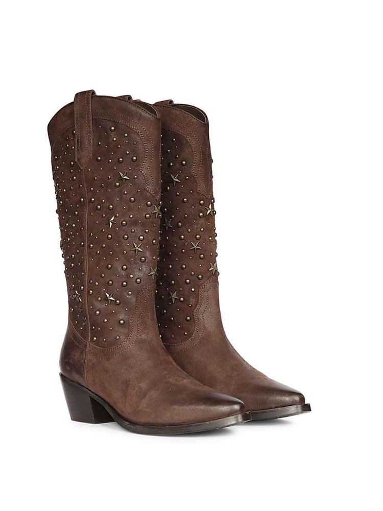 Saint G Women Studded Brown Leather Cowboy Boots-picture-19