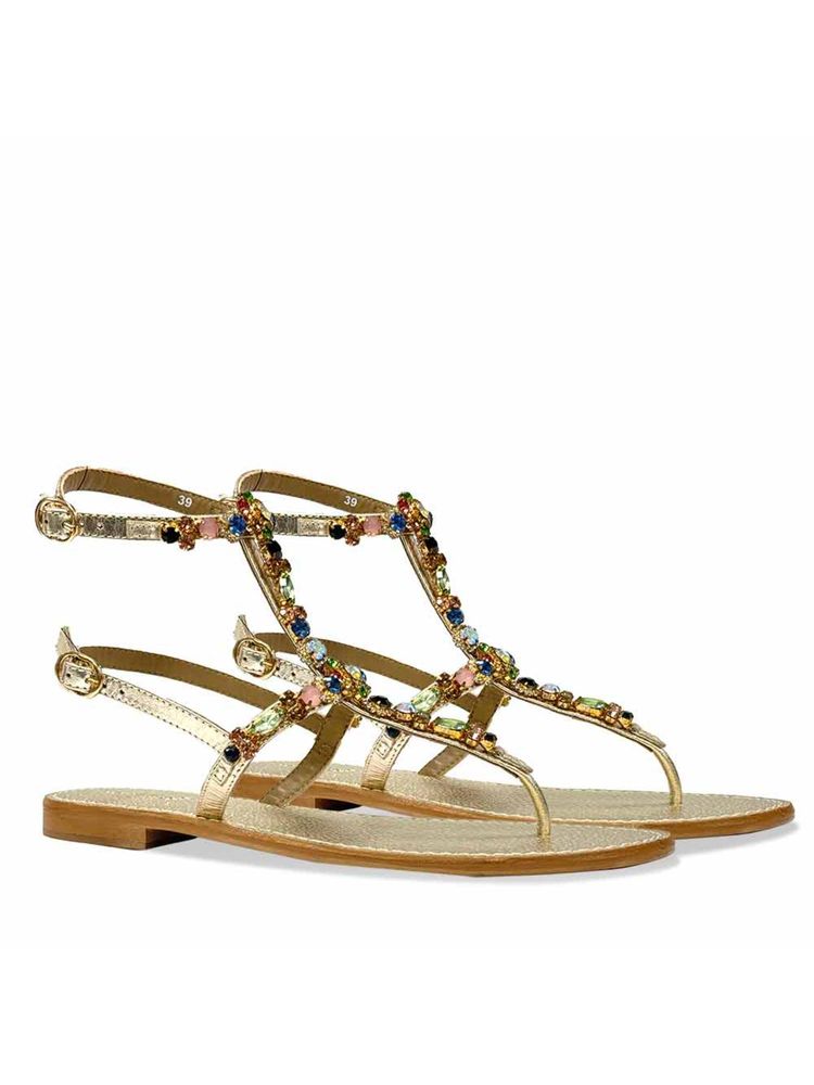 Saint G Women Multi Stone Embellished Platin Gold Leather Sandals-picture-20