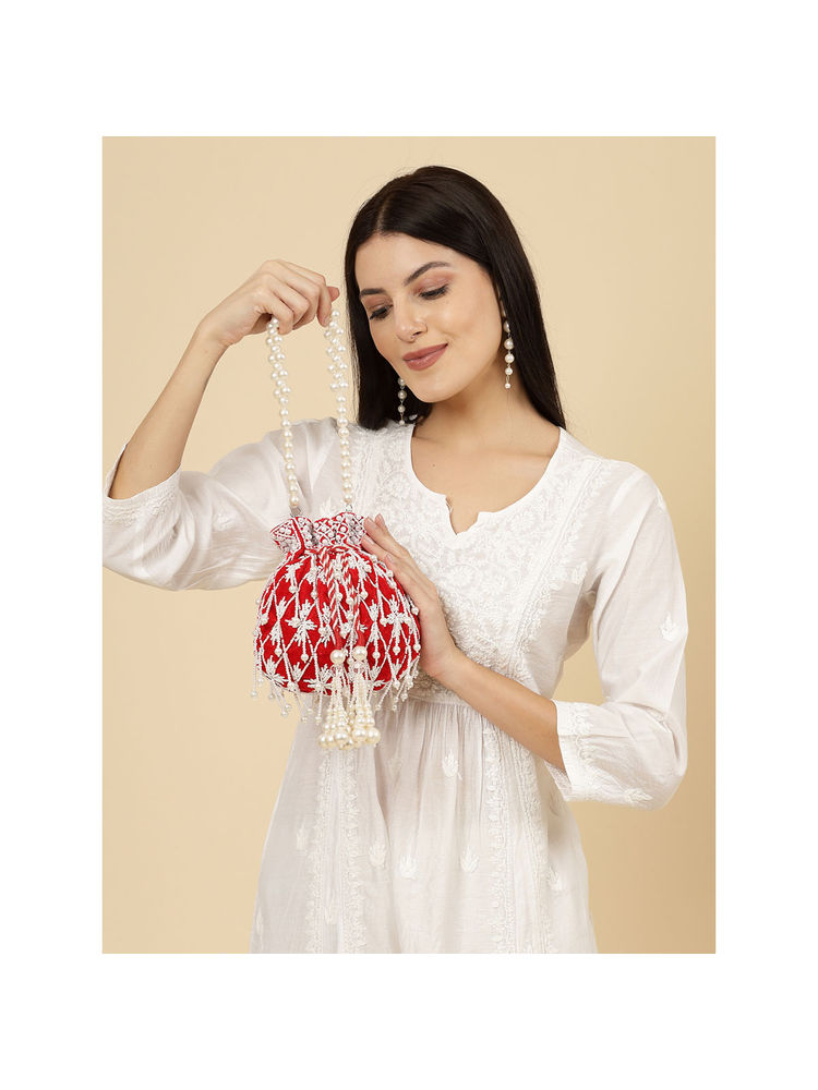 Anekaant Droop Red & White Pearl Embellished Velvet Potli-picture-15