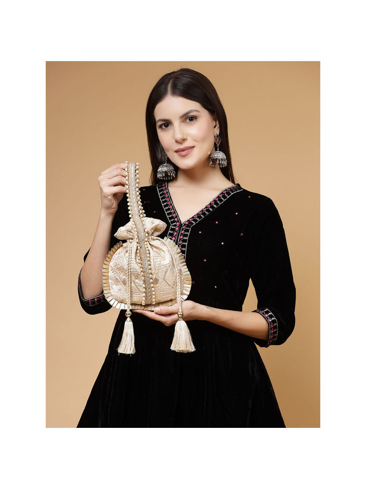 Anekaant Droop Beige & Gold Embroidered Faux Silk Potli-picture-13