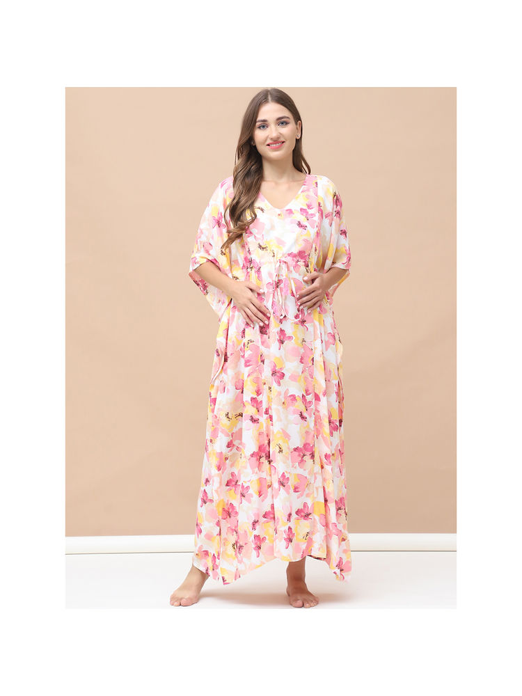 Secret Wish Floral Print White Rayon Maternity Kaftan-picture-12