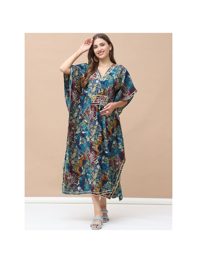 Secret Wish Floral Print Dark Blue Chanderi Silk Maternity Kaftan Dress-picture-11