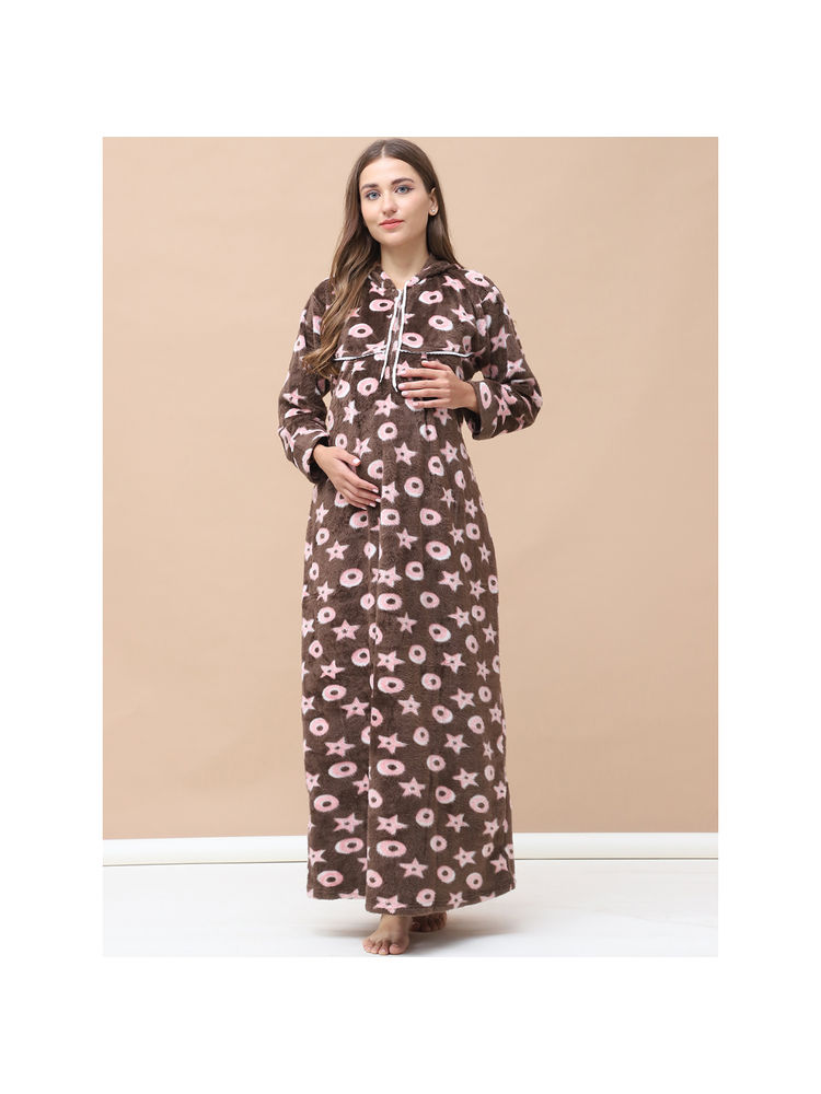 Secret Wish Printed Brown Woolen Maternity Nightdress-image-27