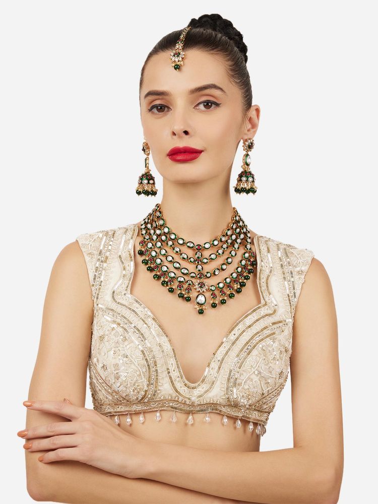 Zaveri Pearls Green and Pink Layered Stone Studded Bridal Jewellery Set-image-32