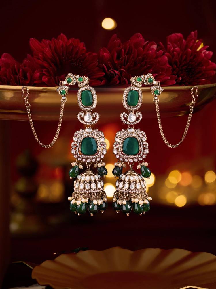Zaveri Pearls Green Stones-Beads Antique Attached Ear Chain Jhumka Earrings-picture-12