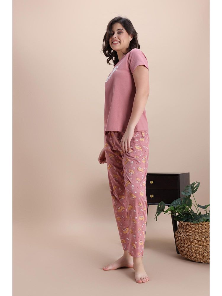 Zivame Women Farm Lore Knit Cotton Ash Rose T-Shirt and Pyjama-image-8