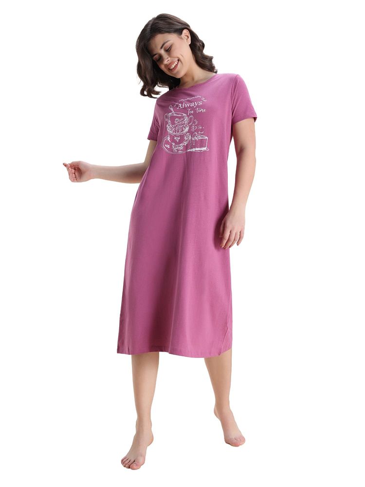 Zivame Women Knit Poly Mid Calf Length Red Violet NightDress-picture-12