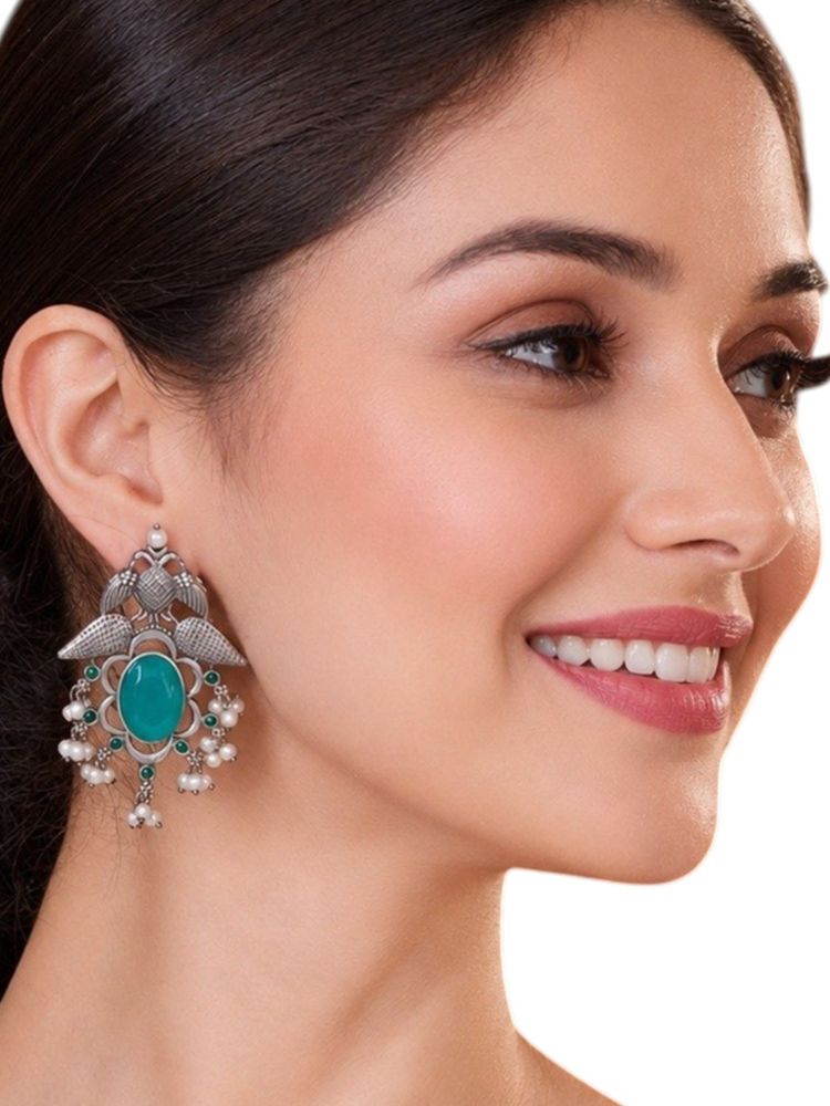 Fabula Green Stone And Pearls Peacock Design Oxidised Silver Drop Earrings-image-6