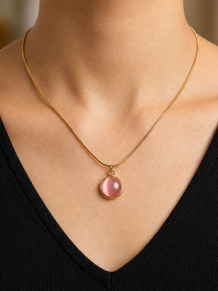 ARTKLIM Rose Quartz Round Gem Anti-Tarnish Pendant Necklace-picture-2