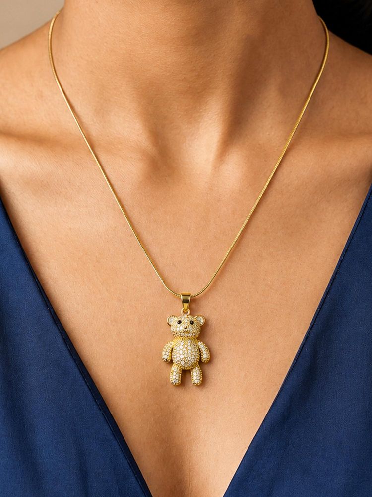 ARTKLIM Crystal Teddy Bear Charm Anti-Tarnish Pendant Necklace-image-4