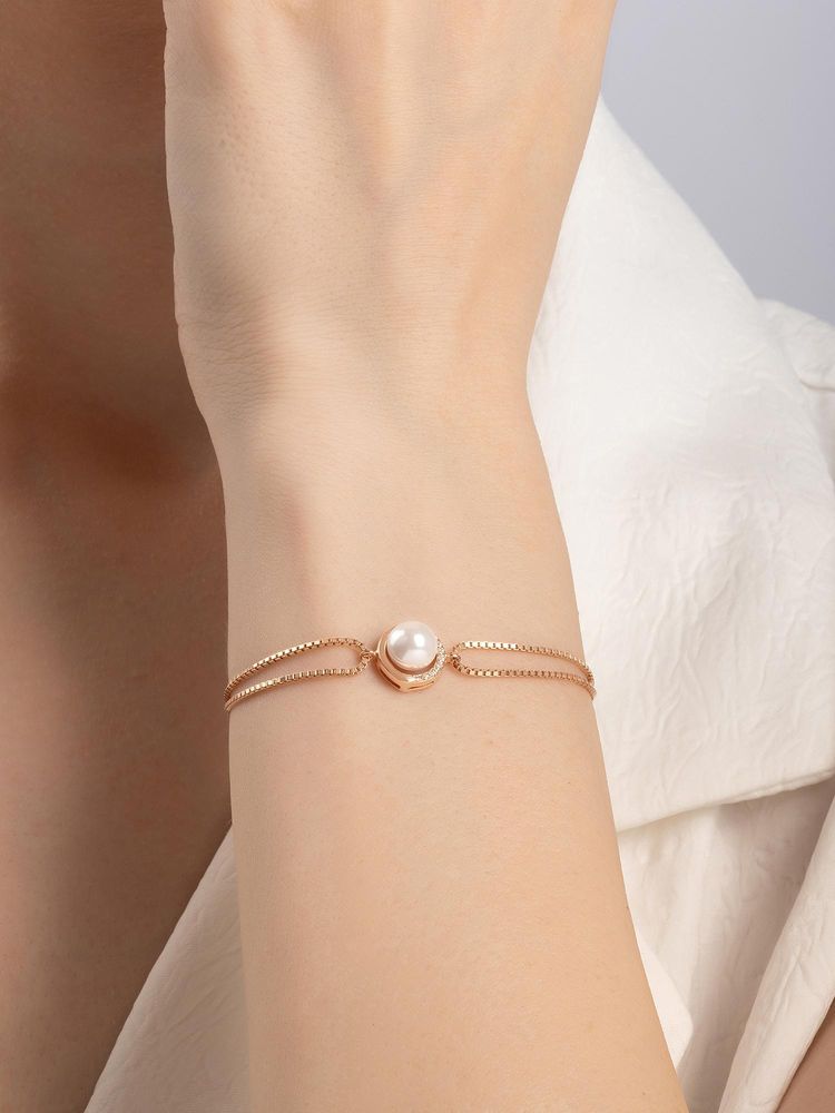 TOUCH925 Pure 925 Silver Double Chain Pearl Bracelet-image-16