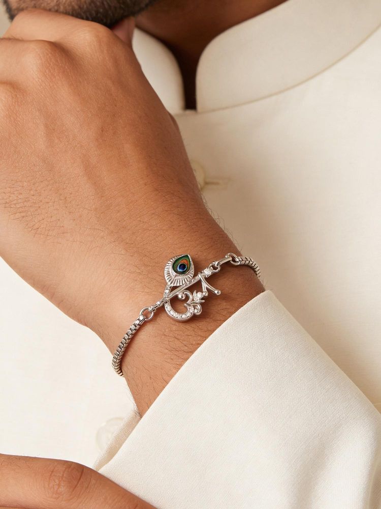 TOUCH925 Pure 925 Silver Om Flute Morpankh Silver Unisex Bracelet-image-23