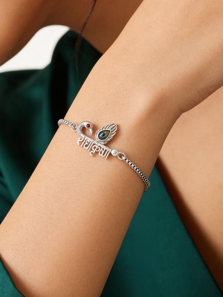 TOUCH925 Pure 925 Silver Radha Krishna Mayur Silver Unisex Bracelet-image-22