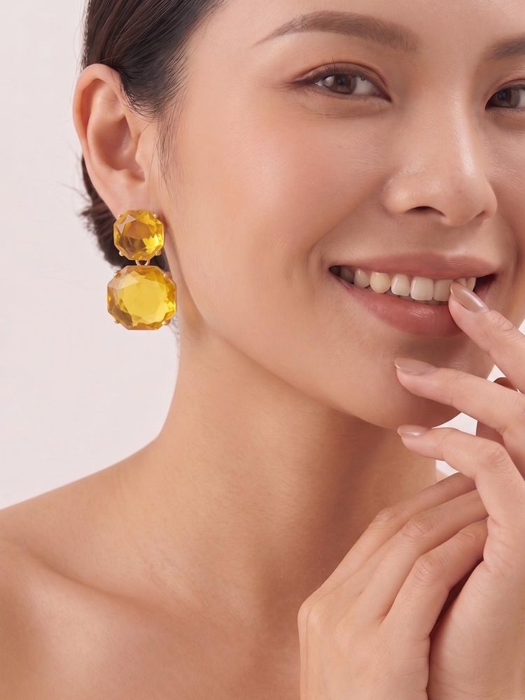 Niscka Golden Amber Faceted Double Drop Statement Earrings-image-32