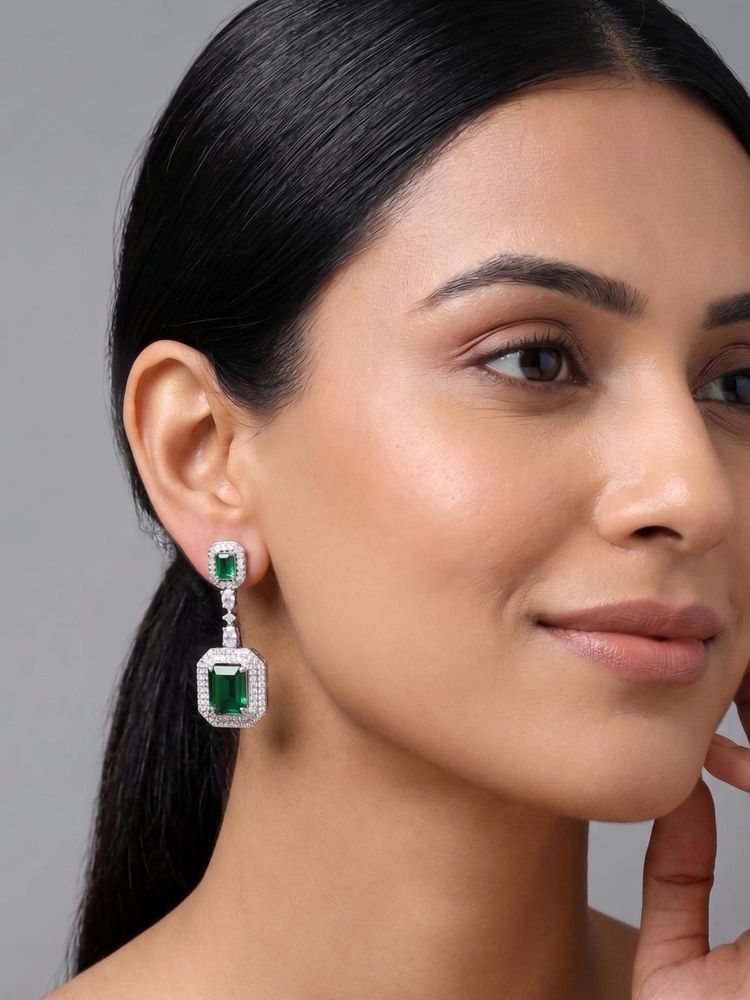 Niscka Emerald Green Rectangular Halo Drop Earrings In Silver Tone-image-4