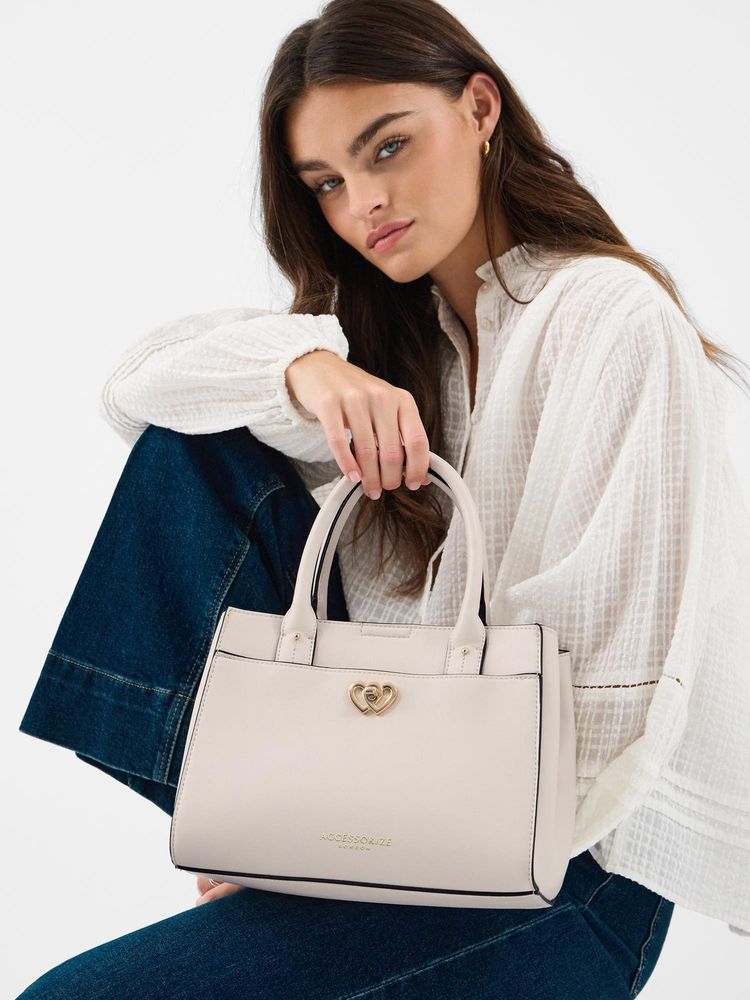 Accessorize London Women Double Heart Handbag with Detachable Strap - Cream
