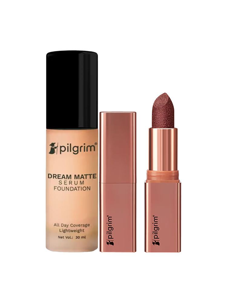 Pilgrim Long-Lasting Foundation & Lipstick Combo Golden Beige 215 & Royal Noor 05-picture-21