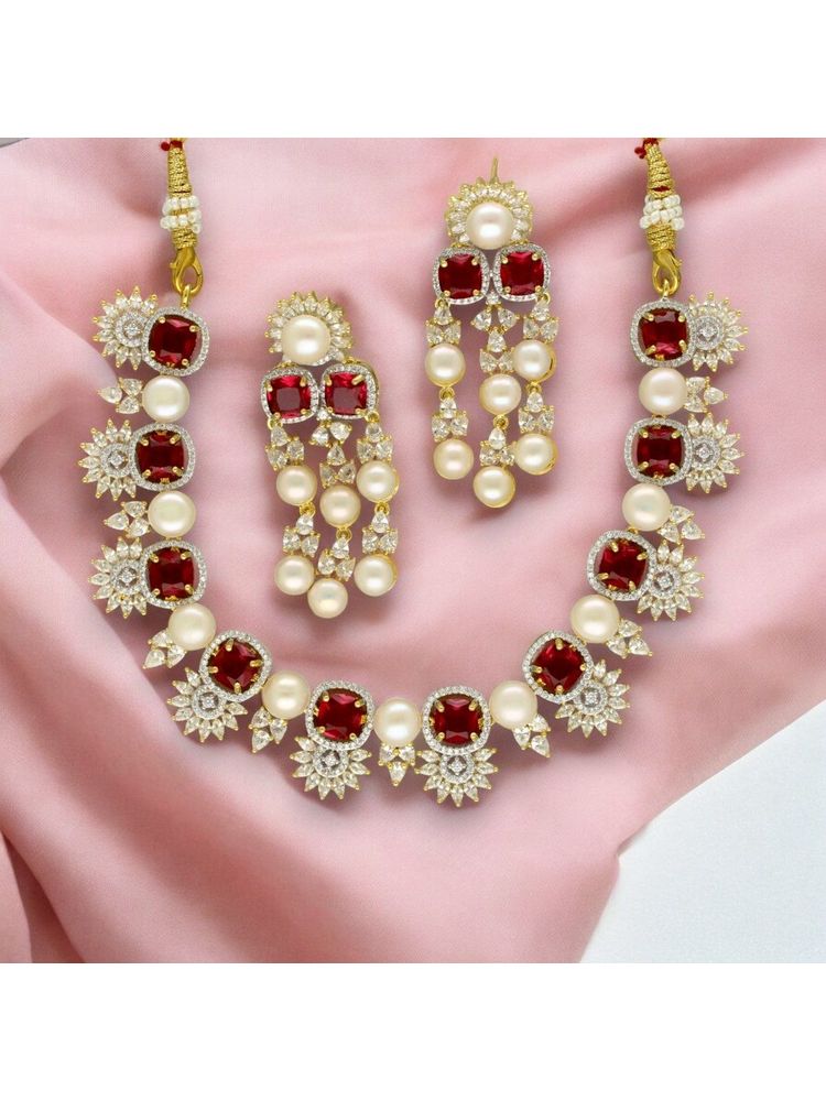 Sri Jagdamba Pearls Red Duchess Of The Realm Pearl Jewellery Set-image-18