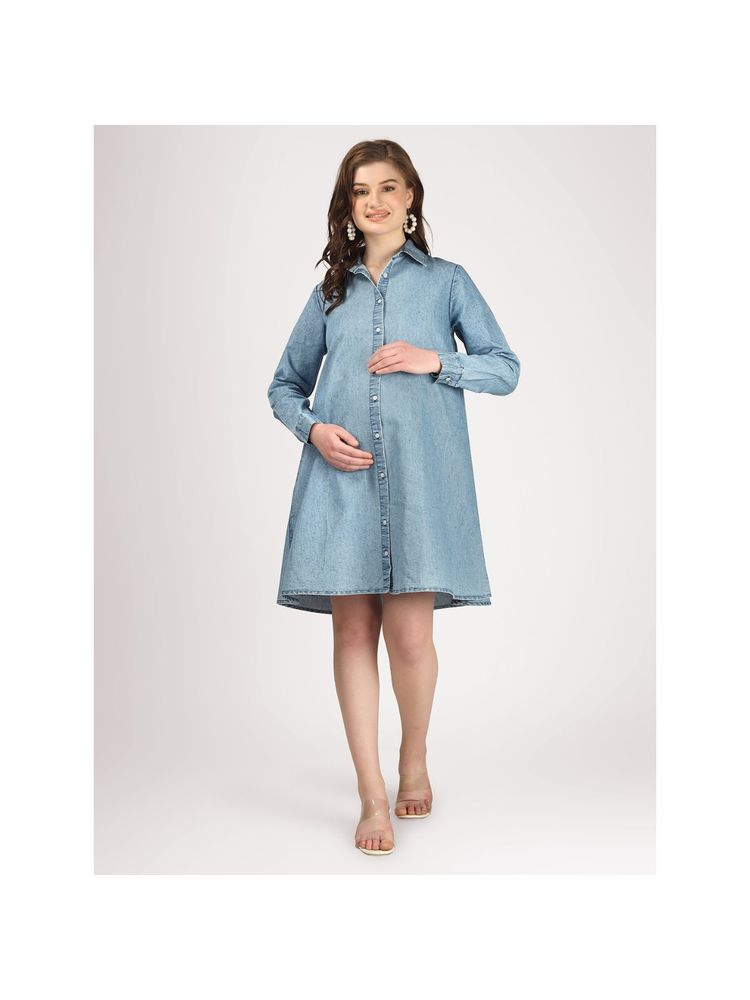 Angloindu Blue Denim Maternity Shirt Dress-picture-11