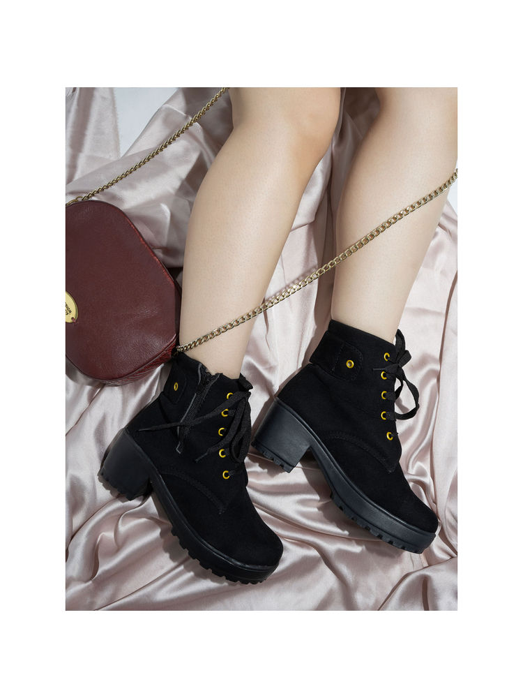 Shoetopia Black Suede High-top Block Heeled Boots