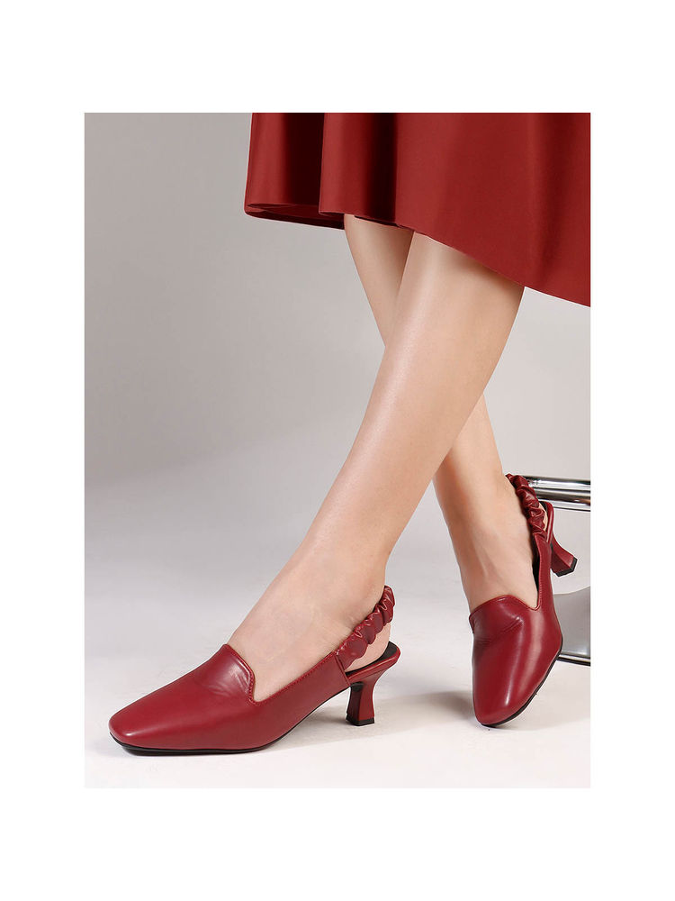 Carlton London Women Maroon Block Heel Slingback Sandals with Elastic Strap-image-3