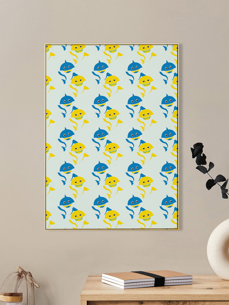 Nestroots Blue and Yellow Fish Pattern Canvas Wall Painting Gold Floating Frame-image-49