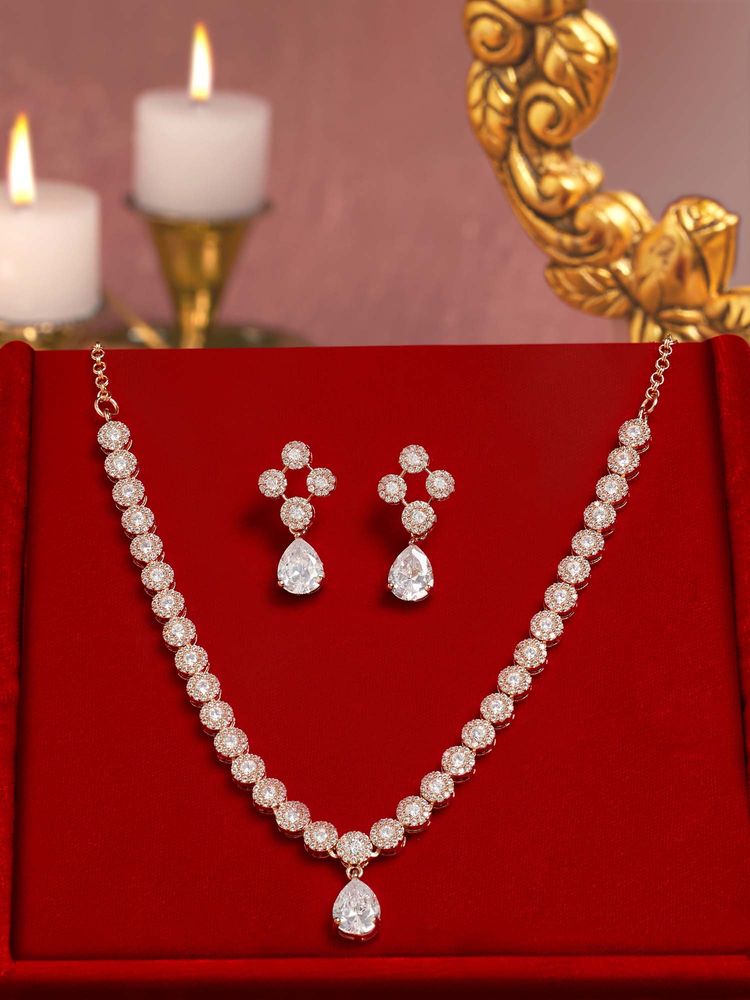 Zaveri Pearls Women White Brass Necklace with Earring